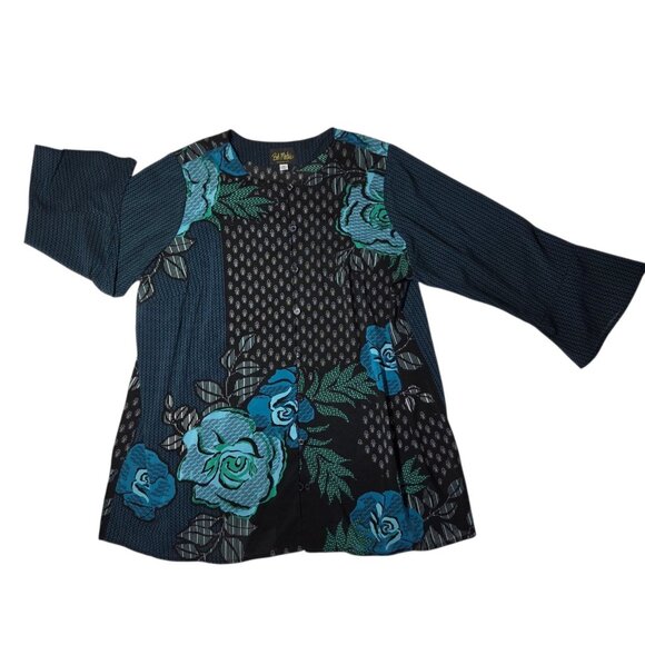 Bob Mackie Wearable Art 3/4 Sleeve Full-Button-Down Floral Blouse Top Black Blue - Picture 3 of 6